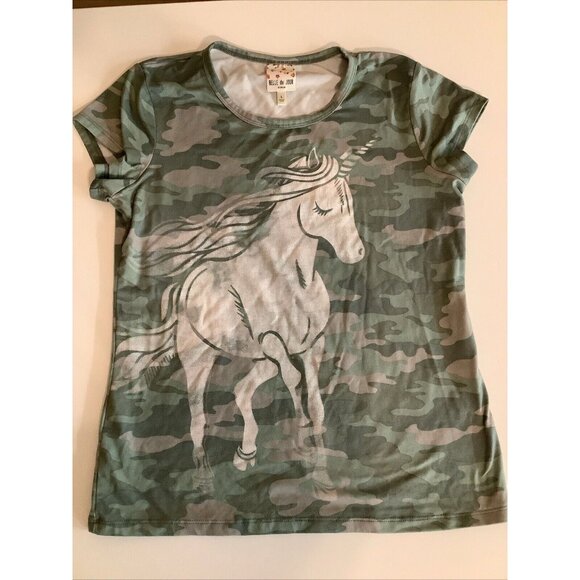 Belle Du Jour Size Large Girls Unicorn Camouflage Top. Preloved - Picture 1 of 3